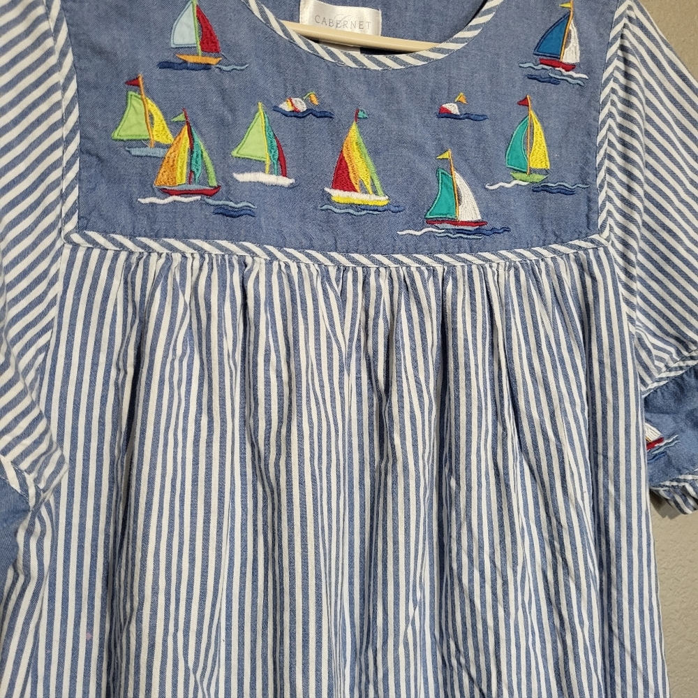 Cabernet Blue and White Striped Womens House Dress with Sailboat Design Size M - Picture 4 of 7